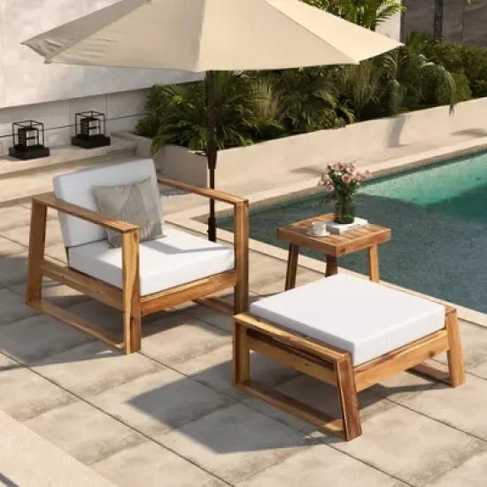 3-Piece Outdoor Patio Lounge Set, Acacia Wood Armchair with Ottoman and Side Table, Weather-Resistant Cushioned Seating - ModernLuxe image {12}
