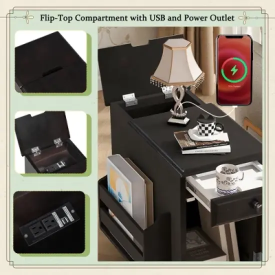 ORRD Vintage Flip Top End Table with USB 1 Drawer w/ cup holders, bookshelf&mdash;ideal for small living spaces image {8}