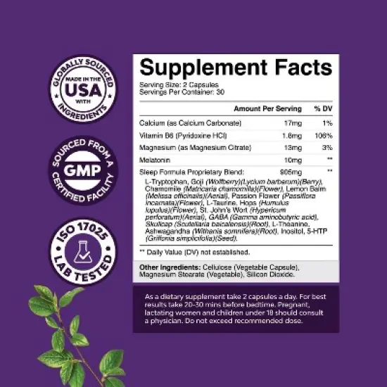 Sleep Support Capsules, Supports Healthy Rest, Non Addictive Supplement with Magnesium L-Theanine GABA, Nature's Craft, 60ct image {2}