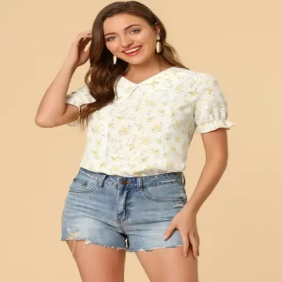 Allegra K Women's Floral Peter Pan Collar Lace Trim Ruffle Sleeve Blouses image {2}