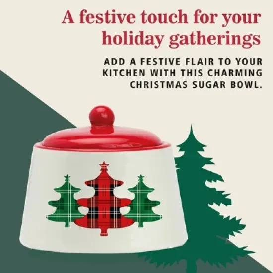 Amici Home Christmas Sugar Bowl with Lid - 8-Ounce Ceramic Container for Salt, Sugar, Spices - Festive Plaid Xmas Tree Kitchen Sugar Bowl image {2}