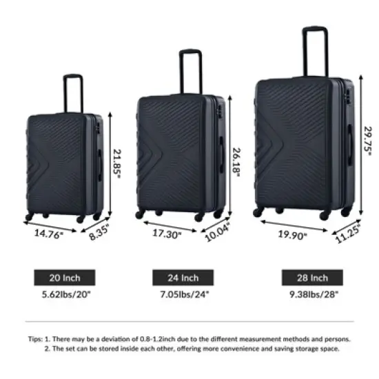 3 Piece Luggage Sets ABS Lightweight Suitcase with Two Hooks, Spinner Wheels, TSA Lock, (20/24/28) Blue image {2}