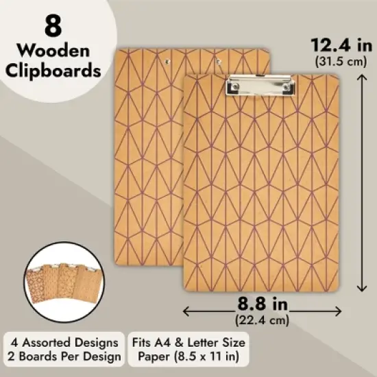 Juvale 8 Pack Cute Clipboards with Low Profile Clips, Wooden Clip Boards 8.5x11 for Office, School, Home, 4 Assorted Patterns image {5}