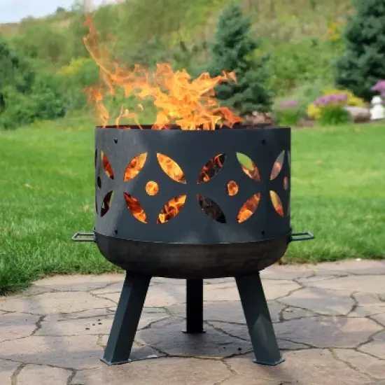 Sunnydaze Outdoor Camping or Backyard Cast Iron Retro Round Fire Pit Bowl with Handles and Spark Screen - 26" - Black image {8}
