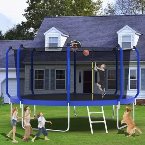 Whisen Kids&rsquo; Trampoline with Safety Enclosure Net, Foam Padded Poles, W-Shaped Legs,  Ladder and Basketball Hoop - Blue image {11}