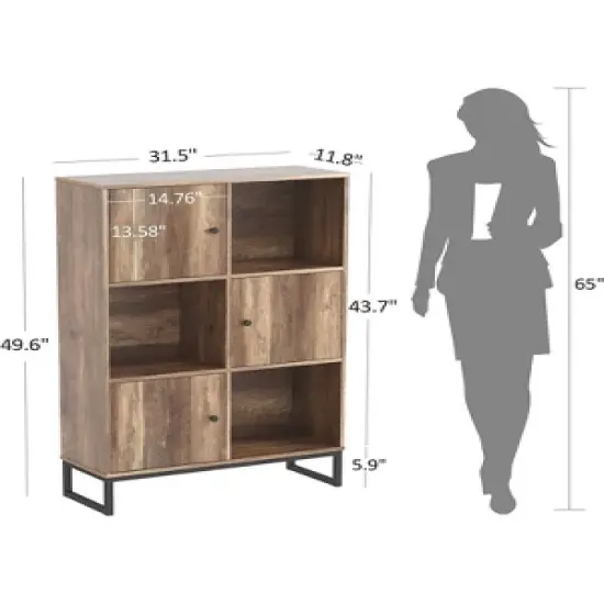 Year Color 3 Tier Free-Standing Modern Open Brown Wood Narrow Bookcase With Doors, Legs And 2X3 Cube Storage Organizer For Office or Library image {6}