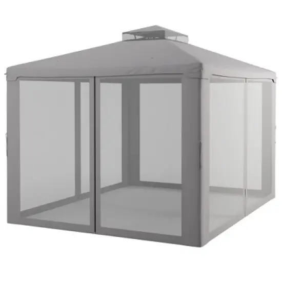 DOMETOUR 9.6' x 11.6' Patio Gazebo with 2-Tier Roof & Netting, Steel Frame for Garden, Lawn, Backyard, Deck, Gray image {2}