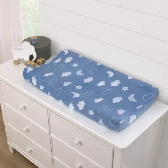 Carter's Blue Elephant - Chambray, and White Clouds, Moon and Stars Super Soft Contoured Changing Pad Cover image {1}