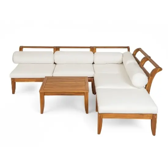 FIONECA 6-Piece Acacia Wood Patio Sofa Set, L-Shaped Modular Sectional with Daybed, Tea Table & Cushions, Teak + Beige image {7}