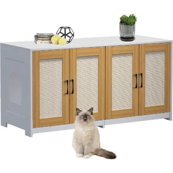 Acekool Double Room Litter Box Enclosure for 2 Cats, 47.2" Hidden Cat Litter Cabinet with Sisal Doors, Sliding Drawers, Indoor Cat House, White image {1}