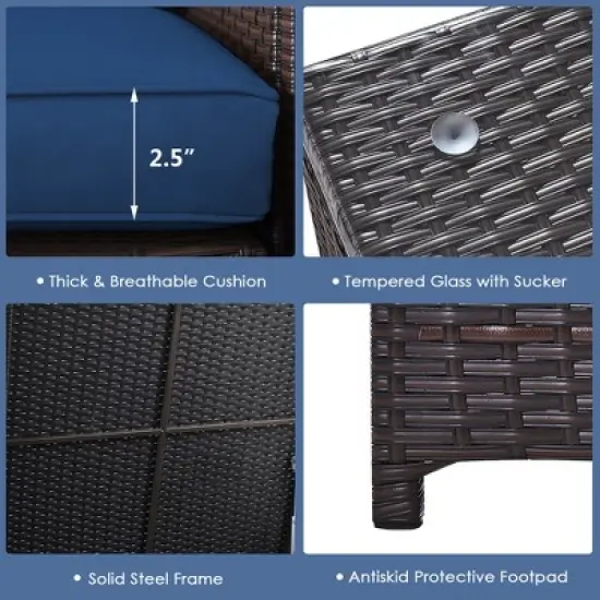 Costway 4PCS Patio Rattan Furniture Set Cushioned Loveseat Storage Table Navy image {8}