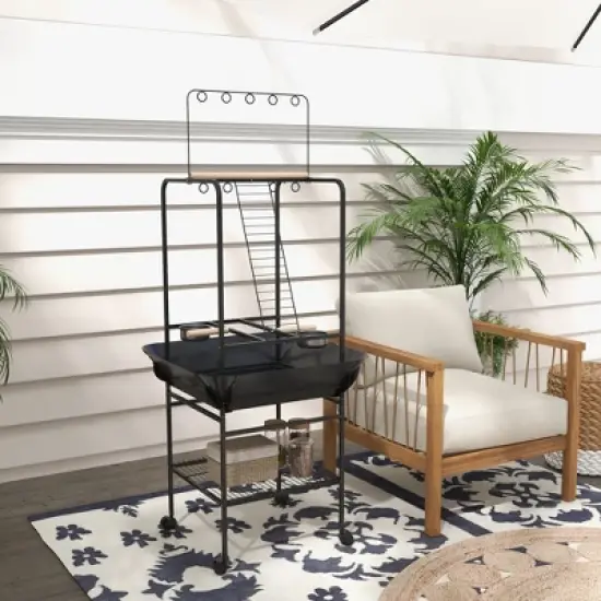 PawHut Bird Stand with Wheels, Perches, Stainless Steel Feed Bowls, Pull-Out Tray, Toy Hanger for Indoor Outdoor Small Parrot, Dark Gray image {5}