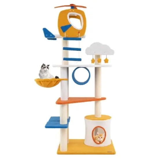 Tangkula 70" Tall Aviation-themed Cat Tree w/ Helicopter Top Perch Platforms Basket Bed image {10}