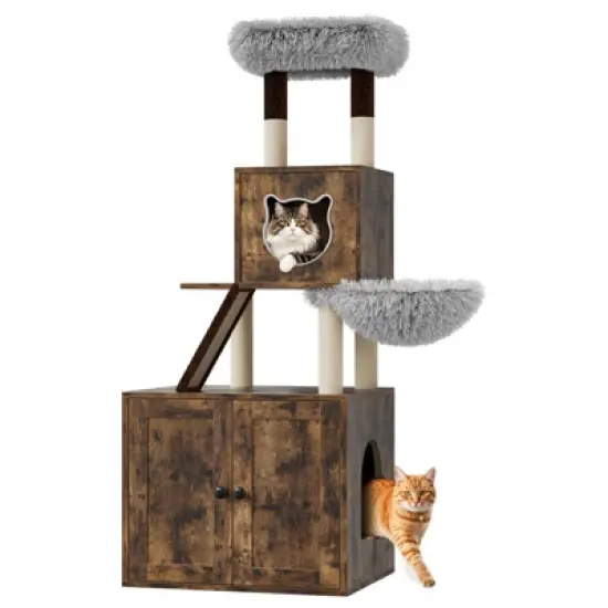 COZONY Cat Tree with Litter Box Enclosure, Hidden Cat Washroom Furniture with Condo, Large Platform, Sisal Scratching Posts & Removable Cushion image {8}