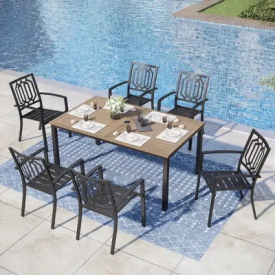 Captiva Designs 7pc Patio Dining Driftwood Finished Rectangle Steel Table & Metal Arm Chairs image {15}