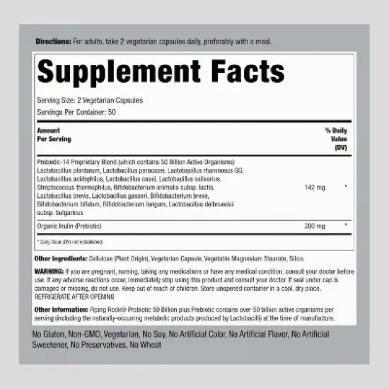 Piping Rock Probiotic | 14 Strains 50 Billion Organisms | Plus Prebiotic | 100 Capsules image {1}