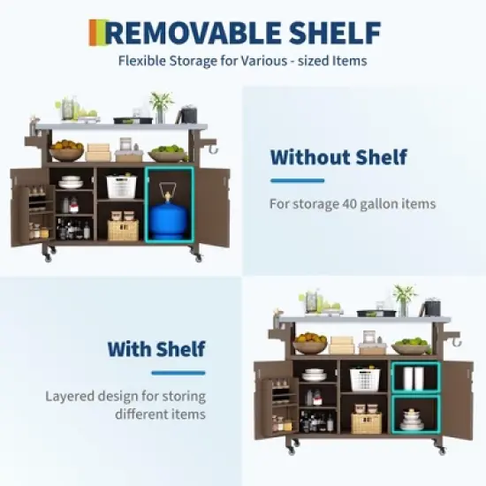 TROPOW Outdoor Grill Cart with Storage Cabinet, Farmhouse Solid Wood Kitchen Island on Wheels, Outdoor Grill Table with Stainless Steel Table Top image {5}