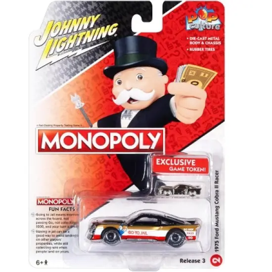 1975 Ford Mustang Cobra II Racer White w/Gold & Red Stripes w/Game Token "Monopoly" 1/64 Diecast Model Car by Johnny Lightning image {2}