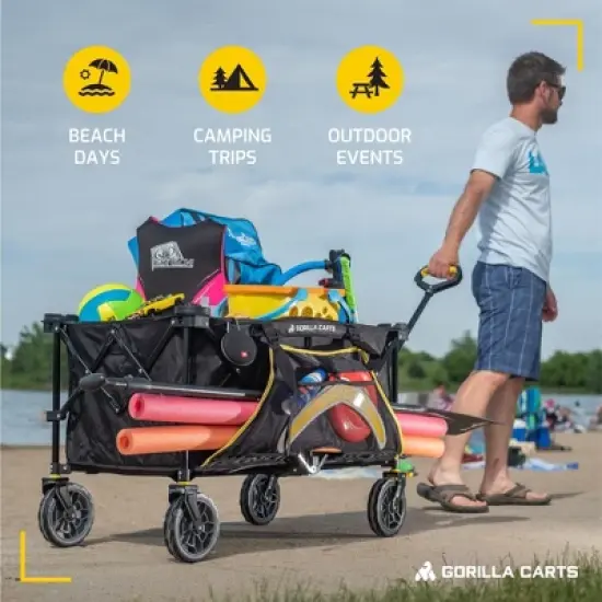 Gorilla Carts 4-Pack Collapsible Folding Outdoor Utility Wagon with 7 Cu Ft Oversized Bed, 150 lb Load Rating, Zippered Pockets and Cup Holders, Black image {4}