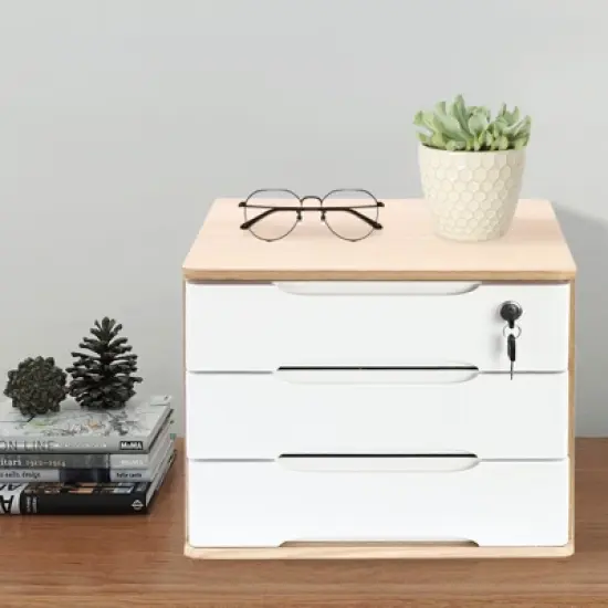 YIYIBYUS 3Tiers Wooden Desktop Storage Box, Desk Organizer with Lockable Drawers image {1}