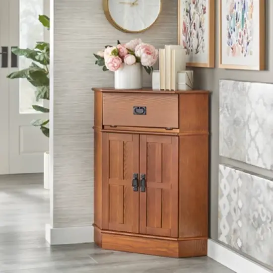 Mission 2 Door 1 Drawer Corner Storage Cabinet Oak - Buylateral image {1}