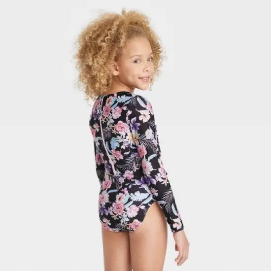 Girls' Floral Printed Tropical Daydream Swimsuit - art class&trade; Black image {2}