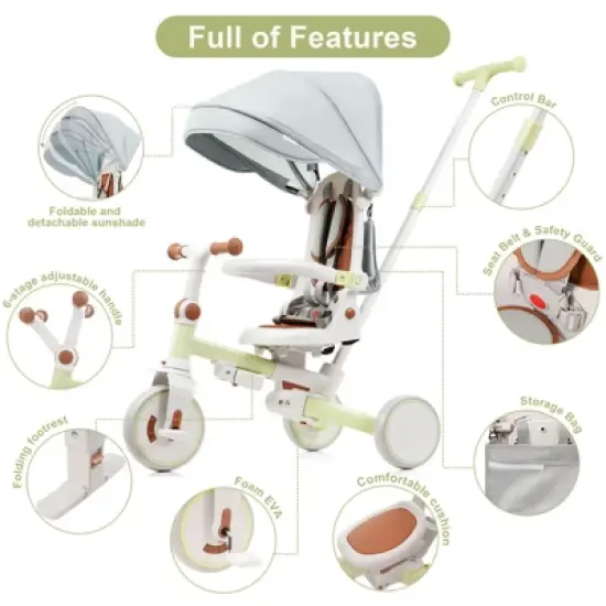 Aukfa 7-in-1 Tricycle, Foldable design, adjustable handle/seat, retractable canopy & removable pedals/guardrail, for 1-6 Years Old Boys & Girls Gift image {4}