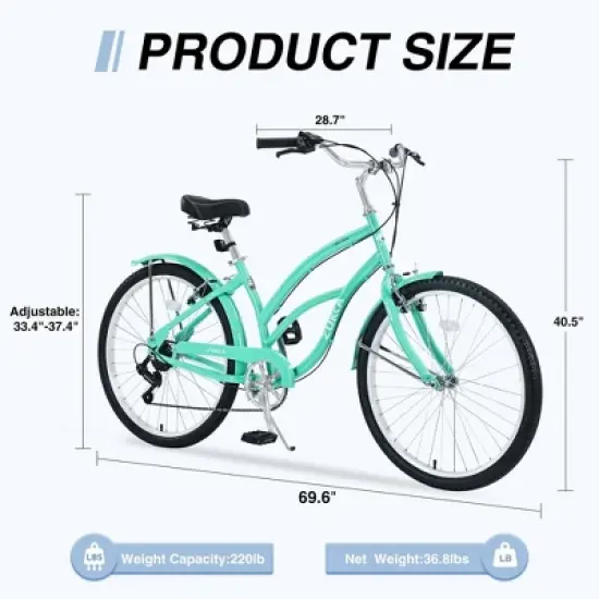 NAYSAYE Bicycle 7 Speed 26 Inch Beach Cruiser Bike Steel Frame for Women for Comfortable Rides, Mint Green, 69.6"*28.5"*40.5" image {4}