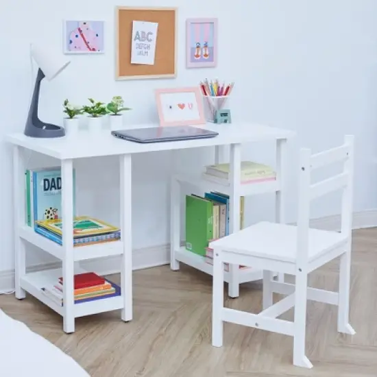 Fantasy Fields -  Kids wooden Desk & Chairs set with shelves on the side  - White image {8}