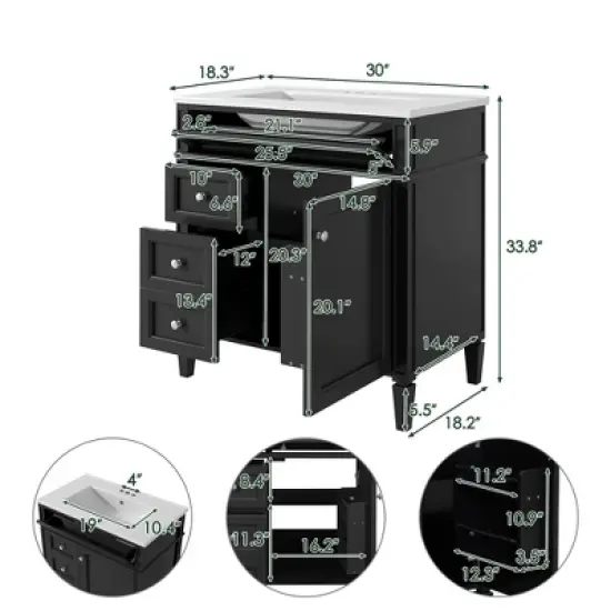 SpassWay 30"L White Modern Bathroom Vanity with Sink 2 Drawers Tip Out Storage Cabinet image {6}