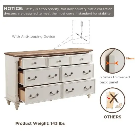 Farmhouse 7 Drawers Dresser for Bedroom with 4 Solid Wood Feet & Column Decor & Metal Slide, Storage Dressers for Bedroom image {4}