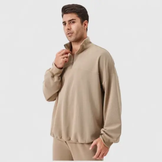 Anna-Kaci Active Men's Oversized Quarter Zip Pullover with Drop Shoulders and Ribbed Cuffs for Relaxed Casual Styling image {2}