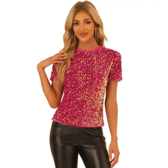 Allegra K Women's Sequin Velvet Crew Neck Short Sleeve T-shirt image {10}
