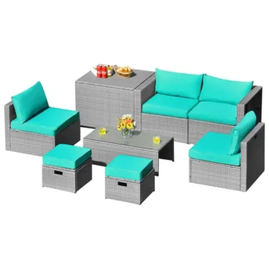 Tangkula 8 Pieces All-Weather PE Rattan Patio Furniture Set Outdoor Space-Saving Sectional Sofa Set with Storage Box image {13}