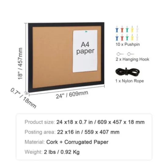 VEVOR Cork Board, 24 x 18 inches, Double-sided Bulletin Board with MDF Sticker Frame, Vision Board Includes 10 Pushpins, for Display and Decoration image {7}