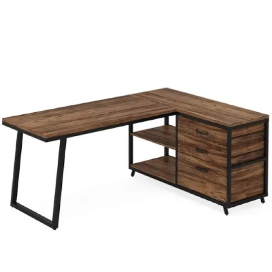 Resenkos Computer Desk, Gaming Desk,53" Reversible L-Shaped Computer Desk With 3 Drawers & Shelves,Rustic image {3}