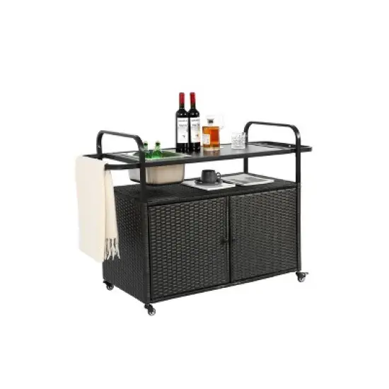MOEPISY Outdoor Serving Carts, Wicker Bar Cart with Cabinet, Patio Serving Cart with steel Top image {5}
