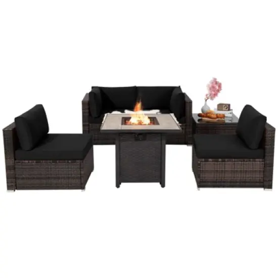 Tangkula 6 PCS Patio Wicker Furniture Set With 30" Gas Fire Pit Table 50,000 BTU Black/Red/Turquoise/Navy/White  Cushions image {9}