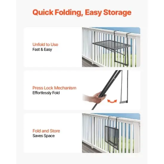 VEVOR Balcony Hanging Table, 19 x 24 in Metal Folding Balcony Railing Table, 5-Level Adjustable, Fit Railing from 1" to 4.7", Black image {3}