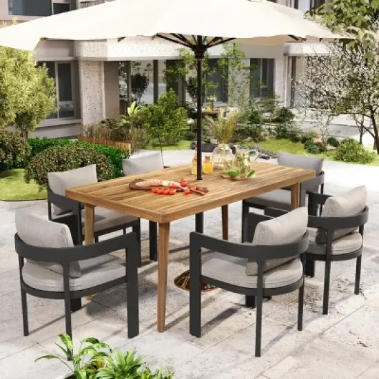 7 Piece Outdoor Patio Dining Set,63&lsquo;&rsquo;W Acacia Wood Dining Table and 6 Aluminum Upholstered Dining Chairs Set,Modern Dining Set for 6-Coolbibila image {7}