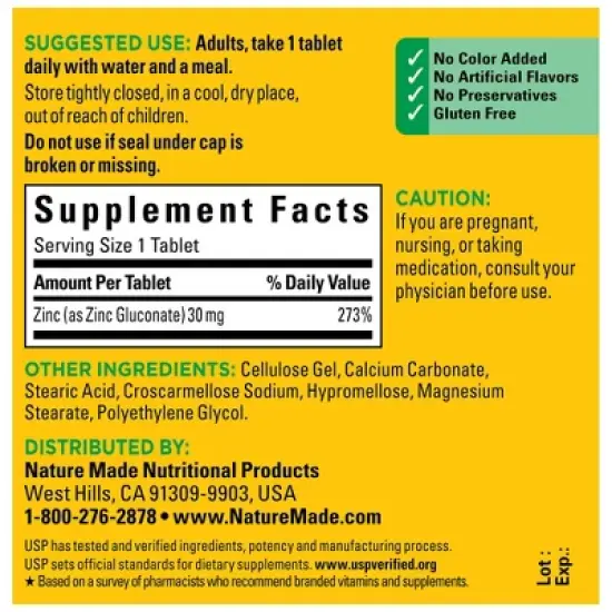 Nature Made Zinc 30mg Dietary Supplement Tablets for Antioxidant and Immune Support - 100ct image {2}