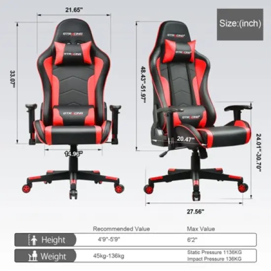GTRACING Gaming Chair with Bluetooth Speakers High Back PU Office Chair Red image {7}