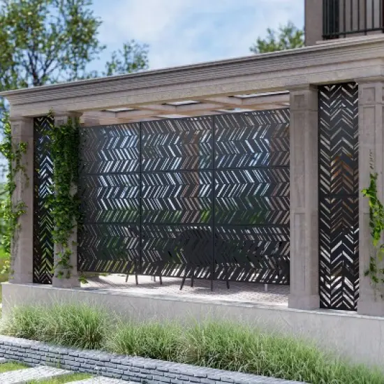 Pexfix 72" x 47" Metal Privacy Screen Freestanding Outdoor Divider Panel For Patio Deck Balcony Heavy Duty Base Weatherproof Black Geometric Chevron image {6}