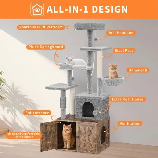 Cat Tree with Litter Box Enclosure Large, Multilevel Cat Play House with Large Condo, Spacious Hammock, Cozy Top Perch,Scratching Post,Brown image {2}