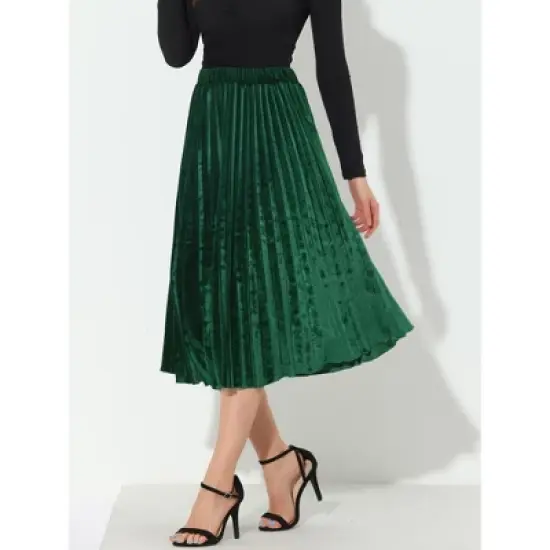 Allegra K Women's High Elastic Waist Velvet Pleated Swing Midi Skirt image {1}