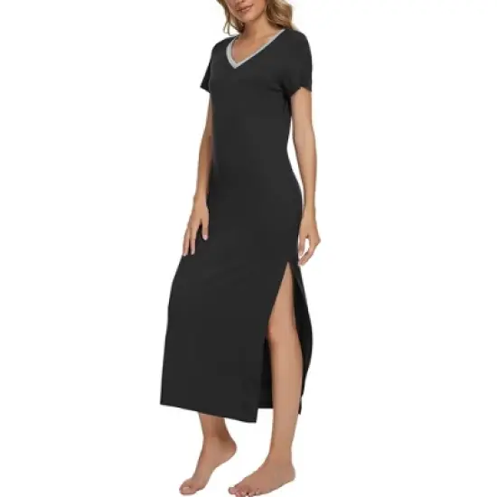 cheibear Womens Sleepwear Long Pajama Dress with Side Slit Nightshirt Lounge Nightgown image {2}