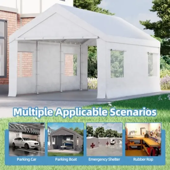 EROMMY 12 Ft X 20 Ft Car Canopy Portable Garage, White image {2}
