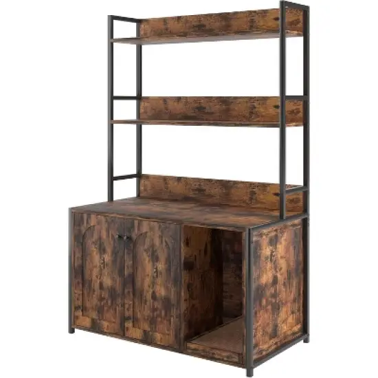 Cat Litter Box Enclosure Furniture, Hidden Litter Box with Scratch Pad Wooden Cat Bathroom Storage with 2 Doors and Shelf Cat Cabinet image {7}