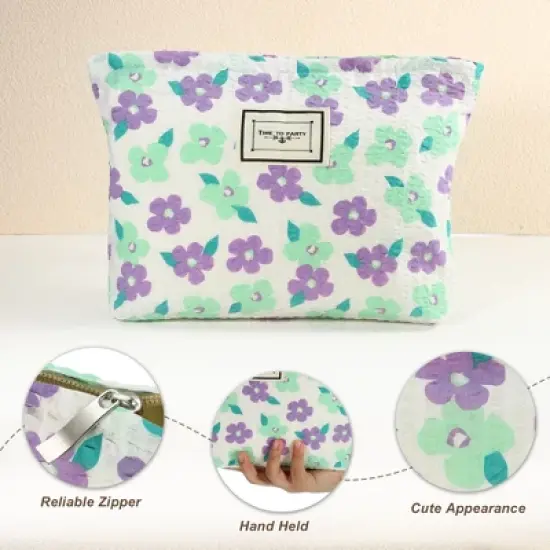 Unique Bargains Large Capacity Canvas Floral Makeup Bag Purple 10.63"x1.97"x8.46" 1 Pc image {2}