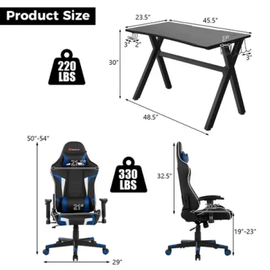 Costway X-Shaped Gaming Desk & Racing Style Massage Chair Set Home Office Black+White/Blue/Grey/Red image {3}